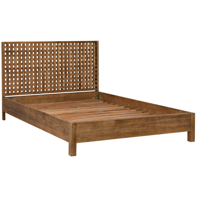 Quinnton Teak Wood Queen Platform Bed with Grid Headboard