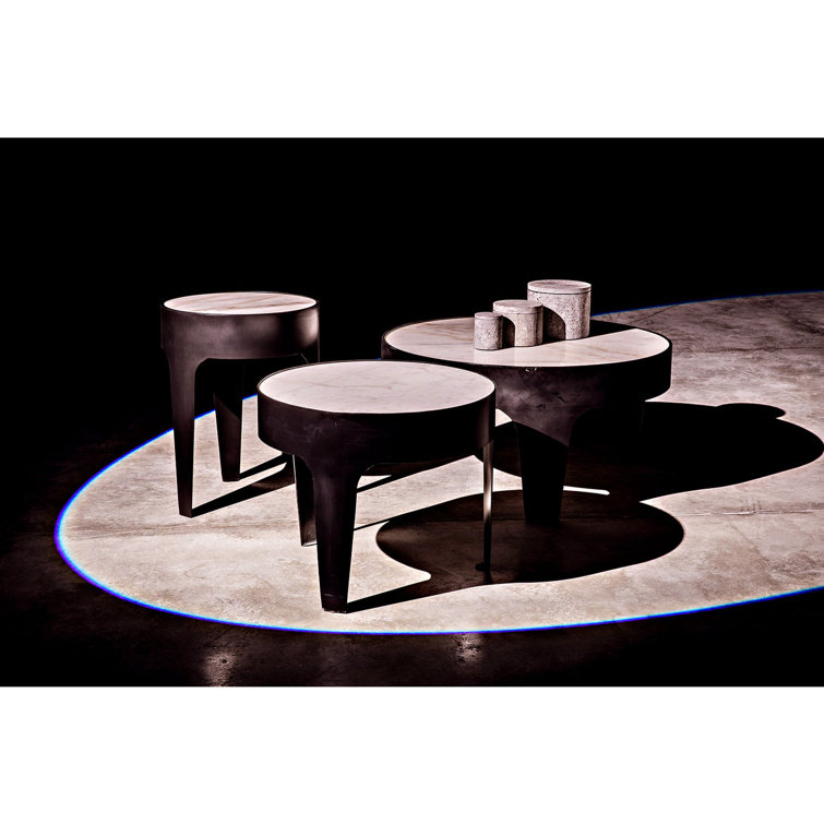 Round Black Metal Coffee Table with White Marble Top