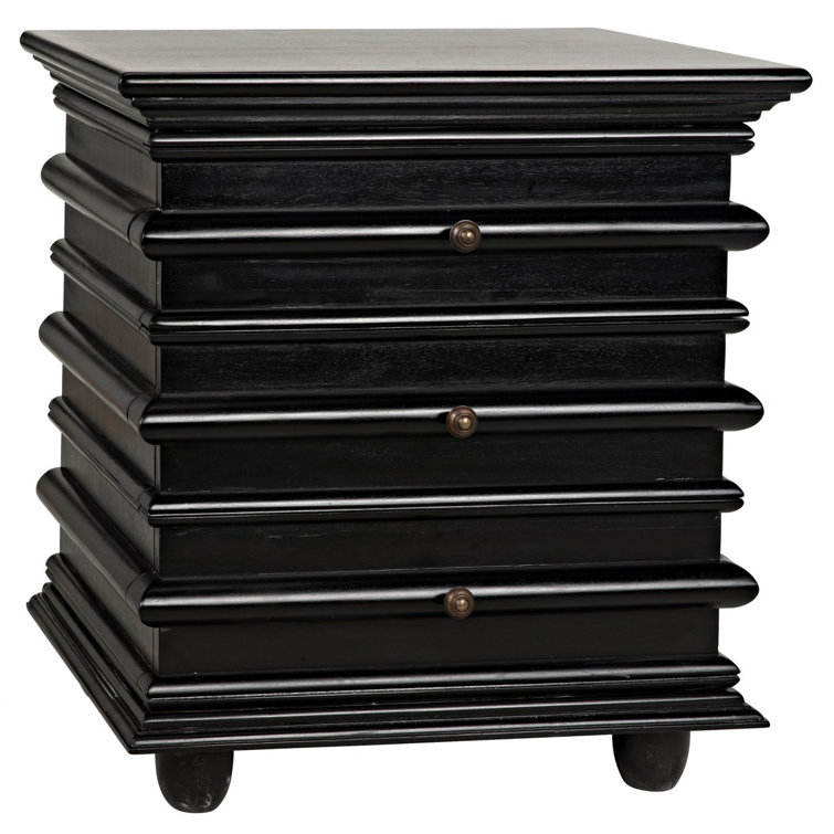 Ascona Hand-Rubbed Black Solid Wood and Metal 3-Drawer Side Table