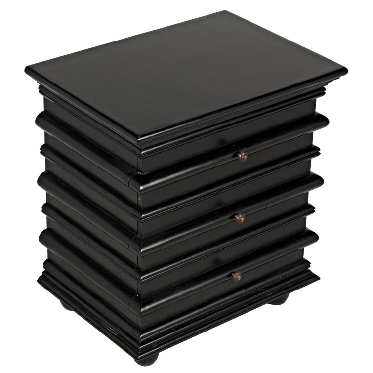 Ascona Hand-Rubbed Black Solid Wood and Metal 3-Drawer Side Table