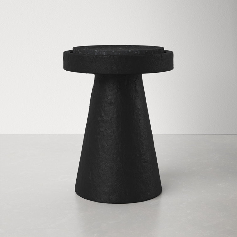 Black Round Stone Pedestal Outdoor Accent Table