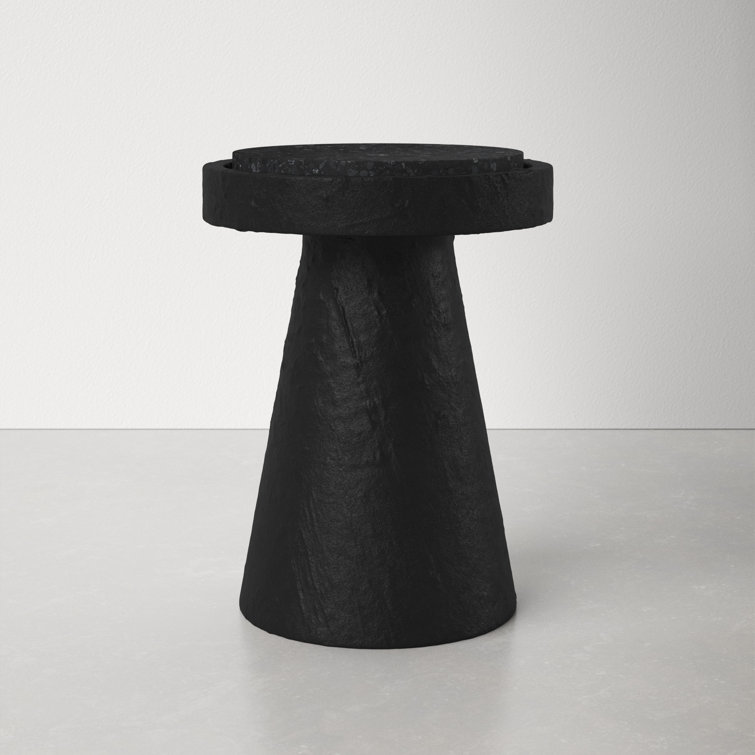 Black Round Stone Pedestal Outdoor Accent Table