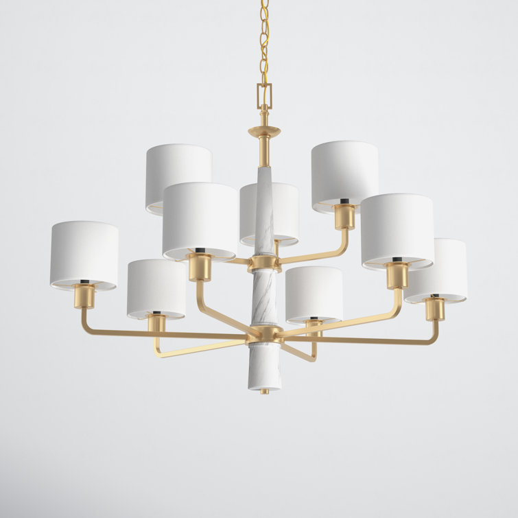 Vintage Gold and White Drum Shade 9-Light Chandelier