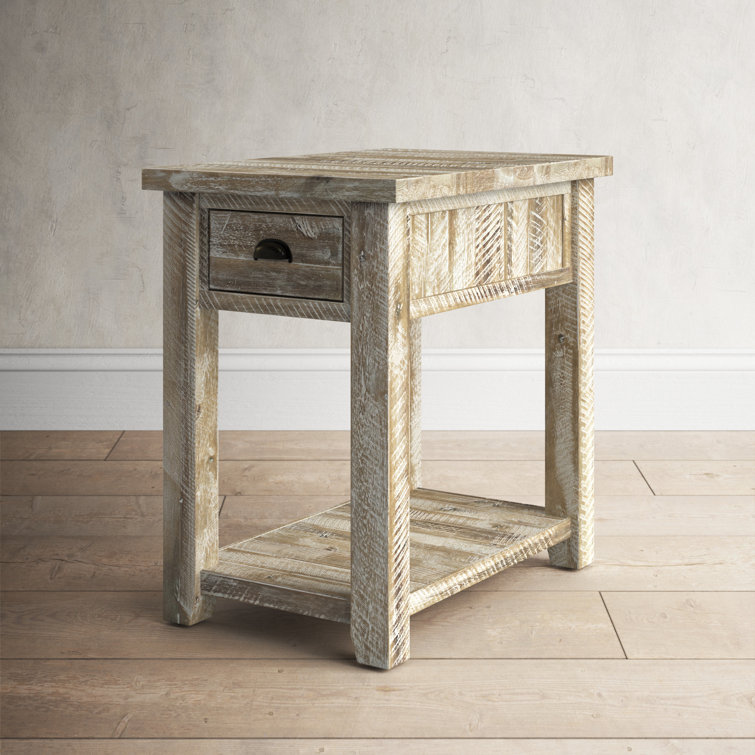 Washed Gray Solid Acacia Wood End Table with Storage