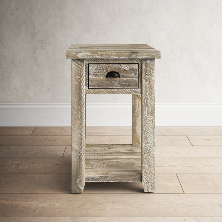 Washed Gray Solid Acacia Wood End Table with Storage