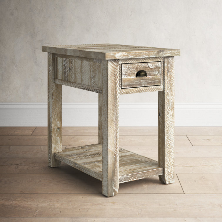 Washed Gray Solid Acacia Wood End Table with Storage