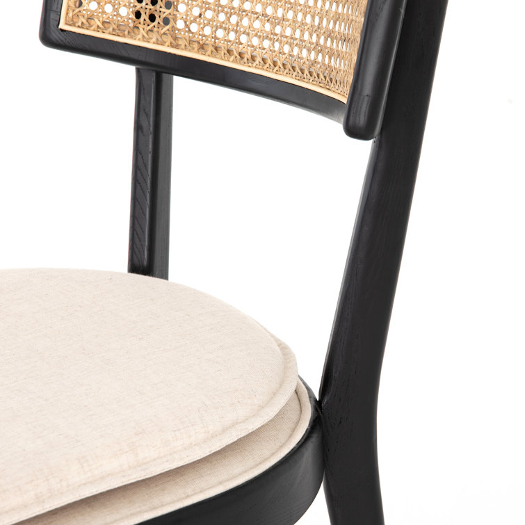 Elegant Linen and Cane Wood Dining Chair in Rich Brown