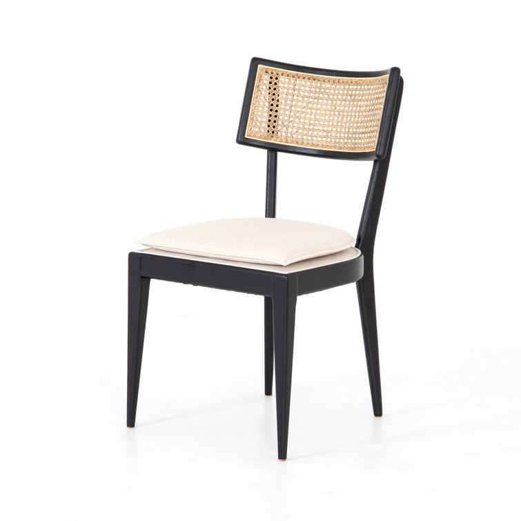 Elegant Linen and Cane Wood Dining Chair in Rich Brown