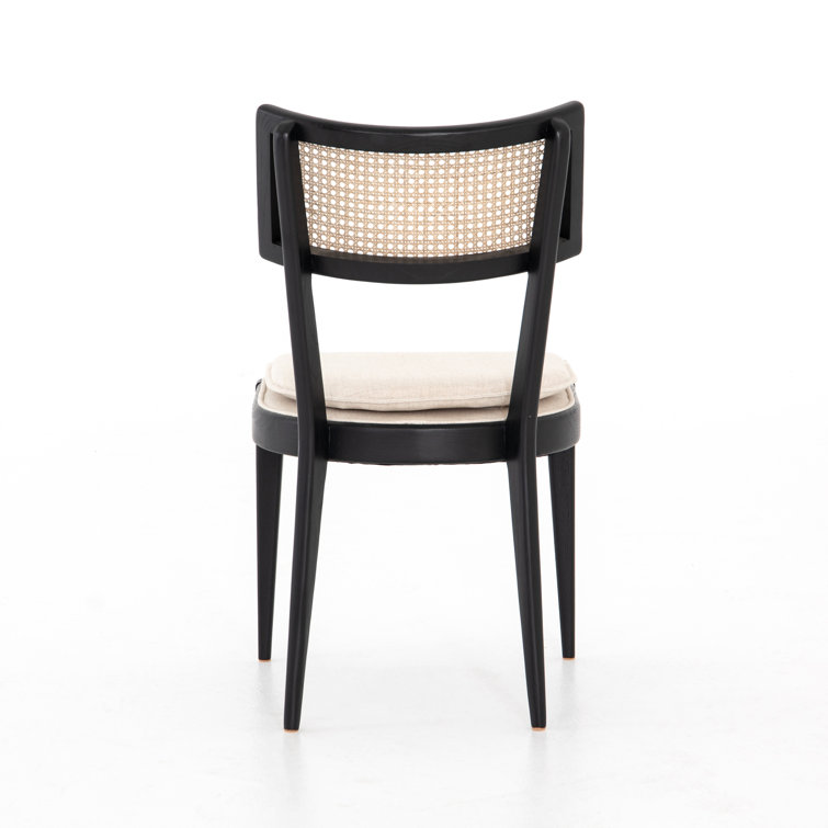 Elegant Linen and Cane Wood Dining Chair in Rich Brown