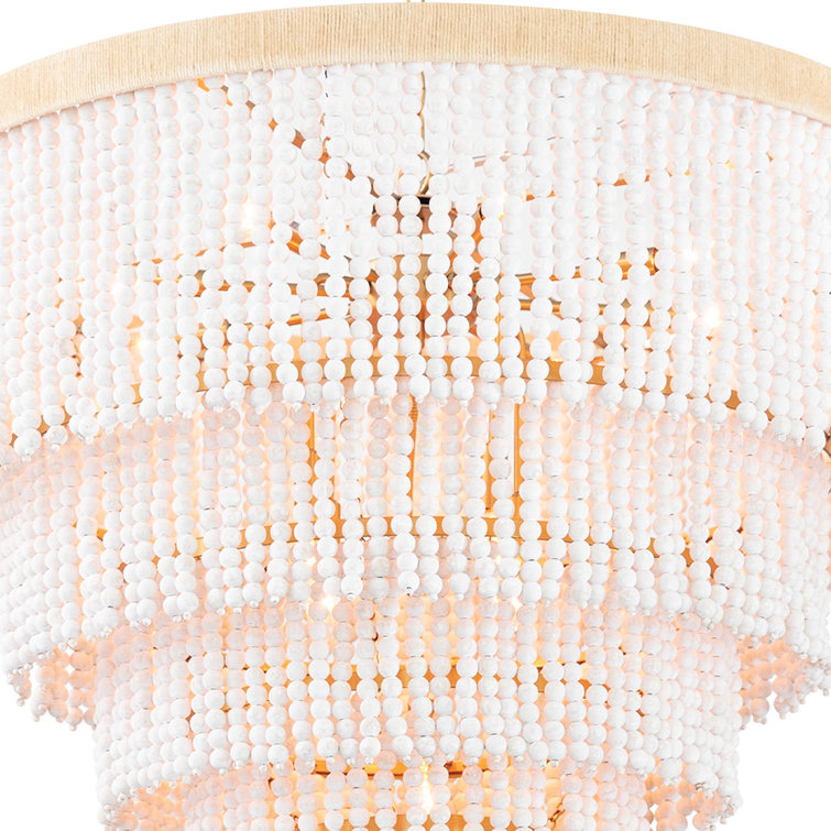 White Beaded 13-Light Waterfall Chandelier with Rattan Frame