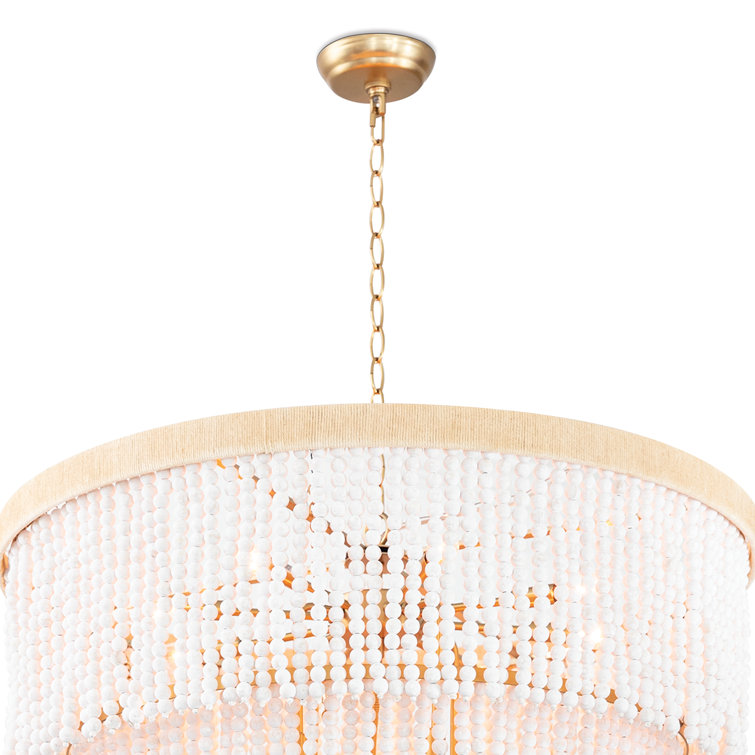 White Beaded 13-Light Waterfall Chandelier with Rattan Frame