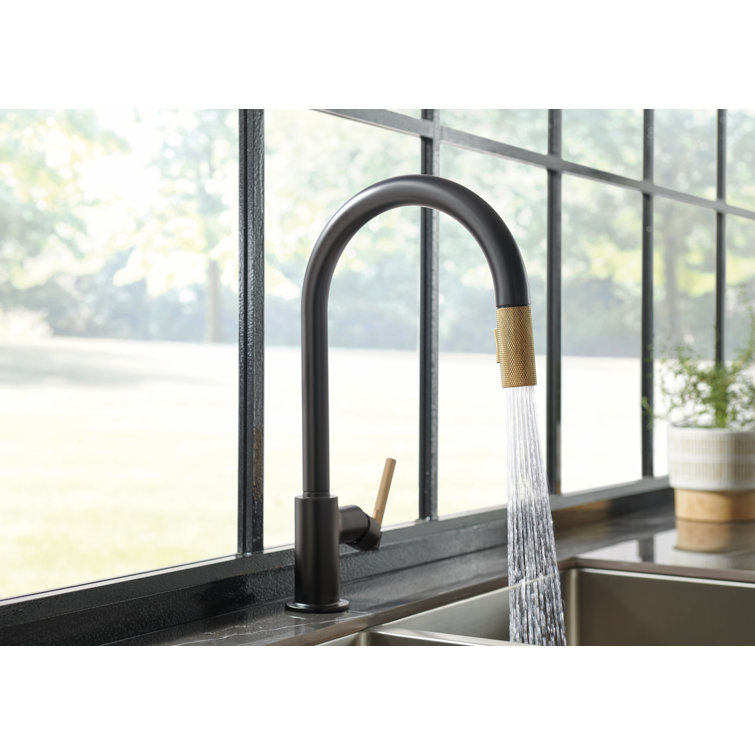 Matte Black and Gold Pull-Down Kitchen Faucet with Brass Handle