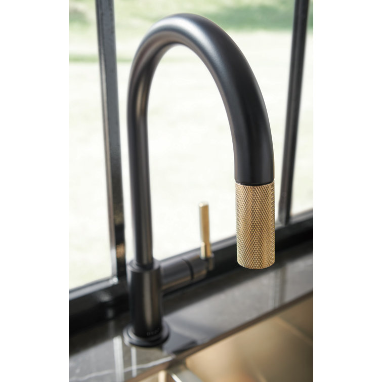Matte Black and Gold Pull-Down Kitchen Faucet with Brass Handle