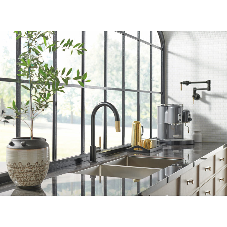 Matte Black and Gold Pull-Down Kitchen Faucet with Brass Handle