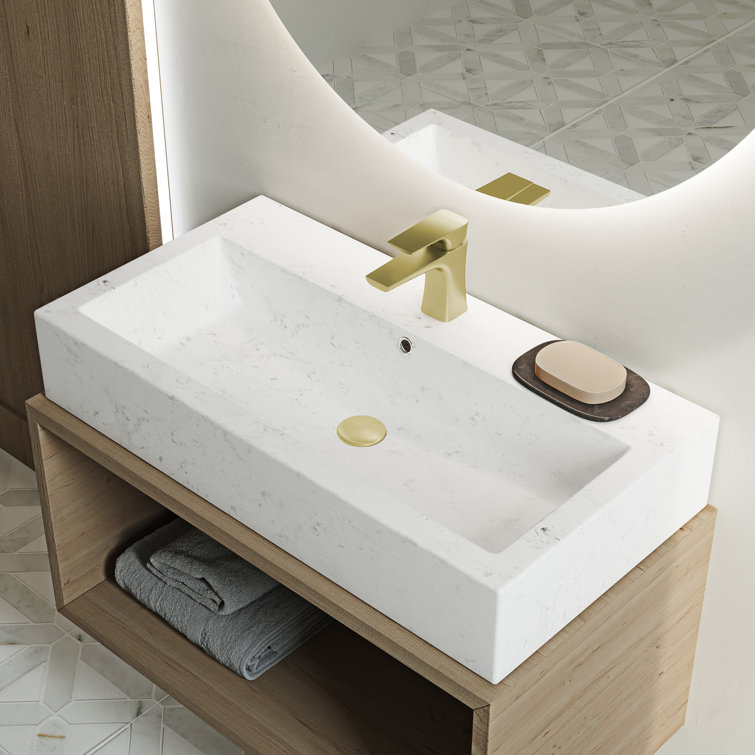 Voltaire Wide Rectangle Ceramic Vessel Sink in Static Marble