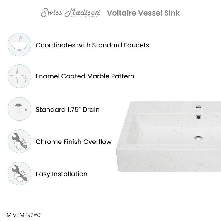 Voltaire Wide Rectangle Ceramic Vessel Sink in Static Marble