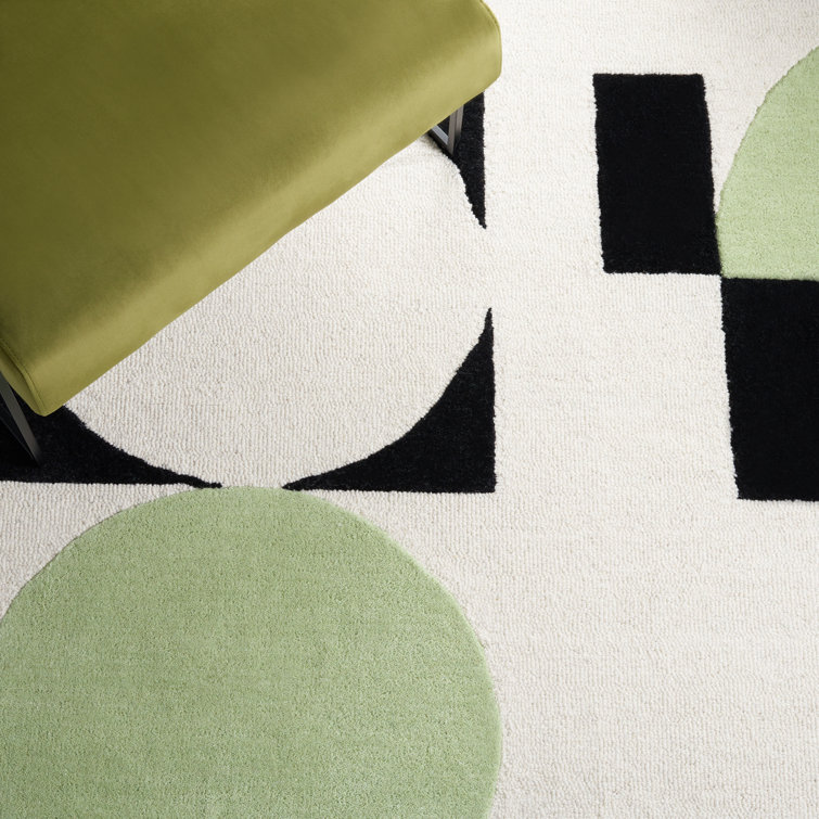 Green and Black Geometric Hand-Tufted Wool Area Rug 4' x 6'