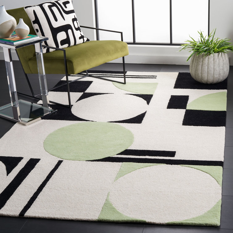 Green and Black Geometric Hand-Tufted Wool Area Rug 4' x 6'