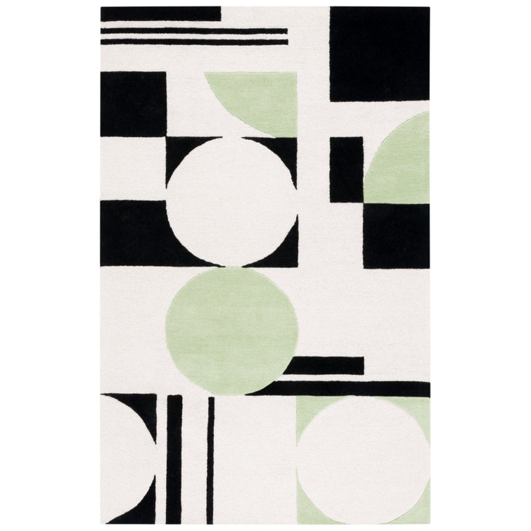 Green and Black Geometric Hand-Tufted Wool Area Rug 4' x 6'
