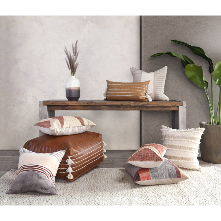 Brown Vegan Leather Pouf with Tassels