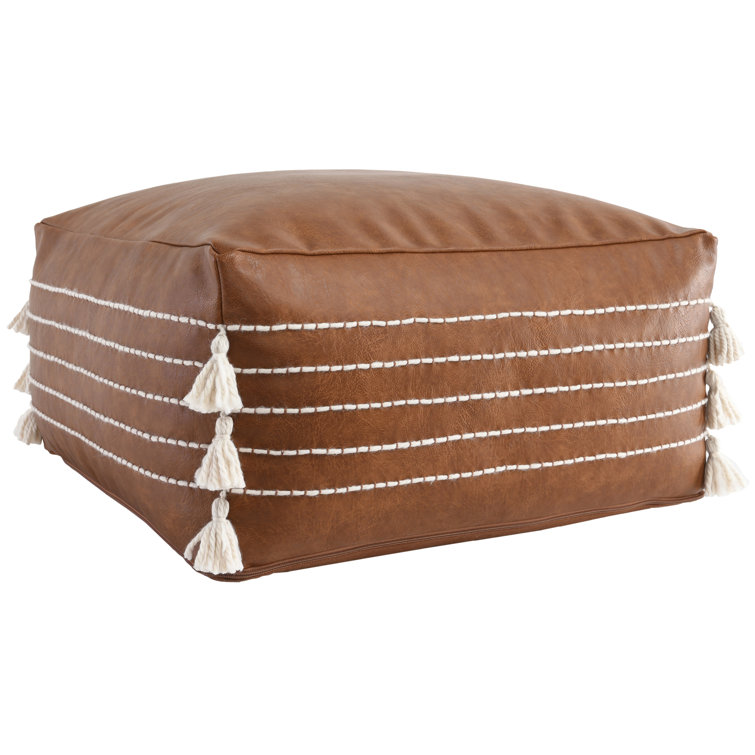 Brown Vegan Leather Pouf with Tassels