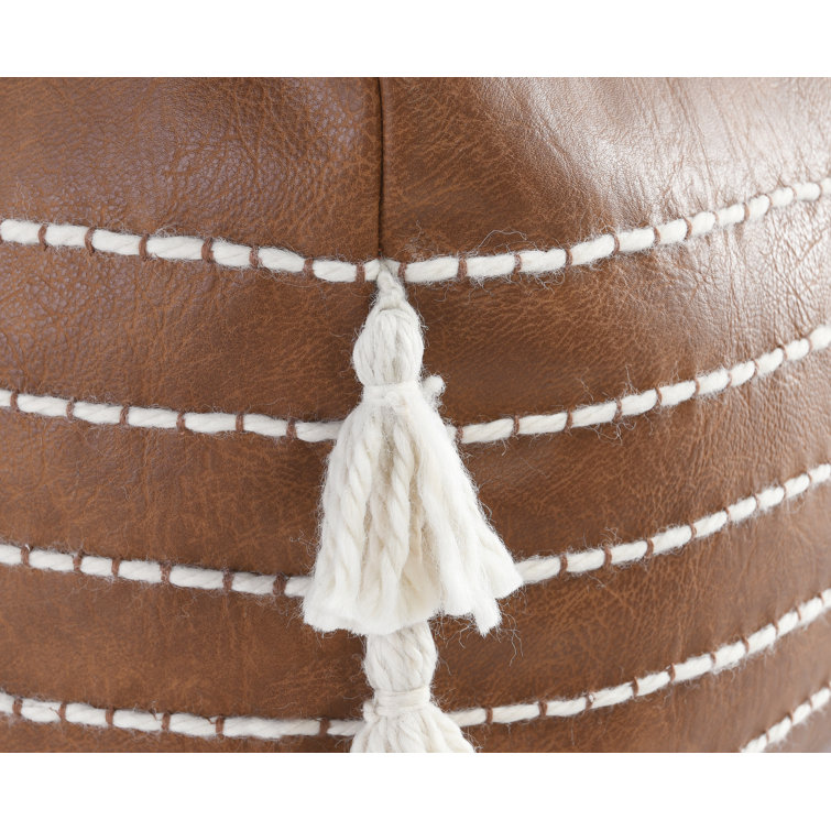 Brown Vegan Leather Pouf with Tassels