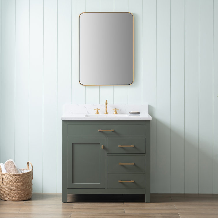 Vintage Green Solid Wood Freestanding Vanity with Carrara White Top