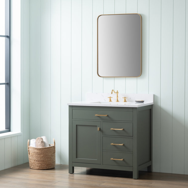 Vintage Green Solid Wood Freestanding Vanity with Carrara White Top