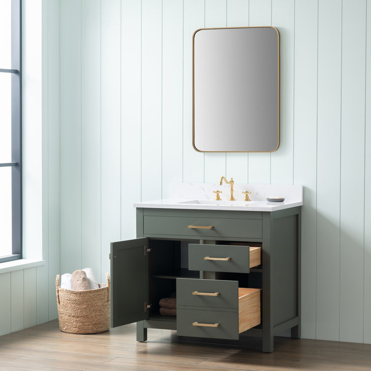 Vintage Green Solid Wood Freestanding Vanity with Carrara White Top