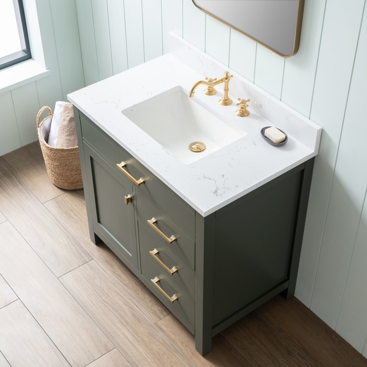 Vintage Green Solid Wood Freestanding Vanity with Carrara White Top