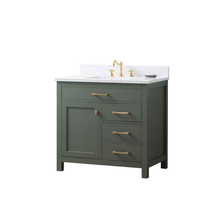 Vintage Green Solid Wood Freestanding Vanity with Carrara White Top
