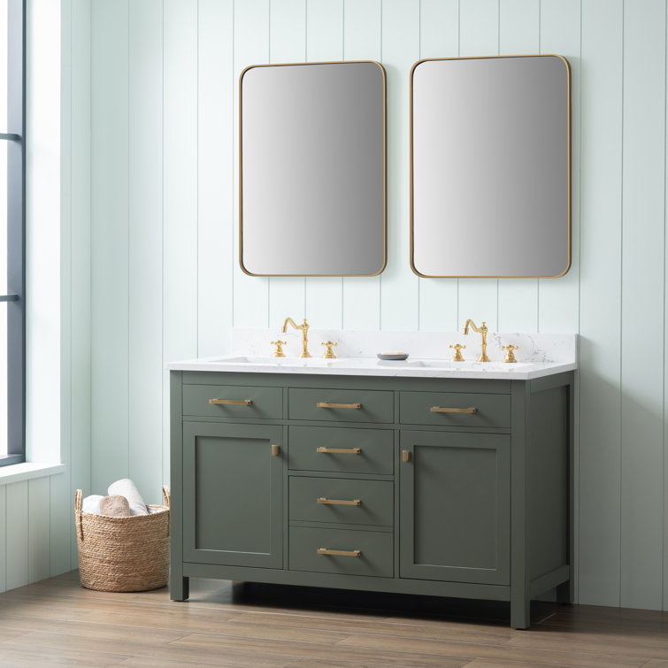 Vintage Green Double Vanity with Carrara White Top and Gold Hardware