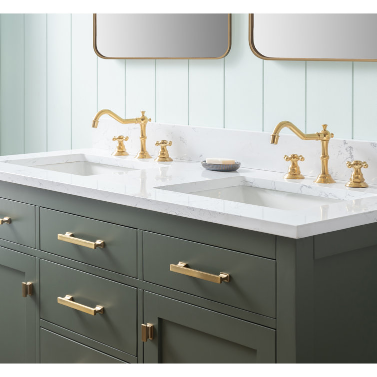 Vintage Green Double Vanity with Carrara White Top and Gold Hardware