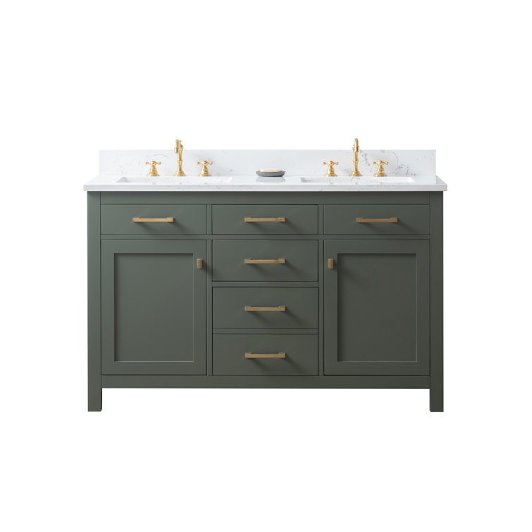 Vintage Green Double Vanity with Carrara White Top and Gold Hardware