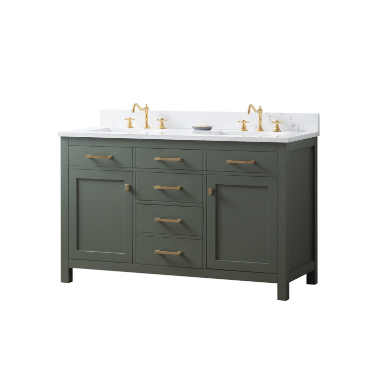 Vintage Green Double Vanity with Carrara White Top and Gold Hardware