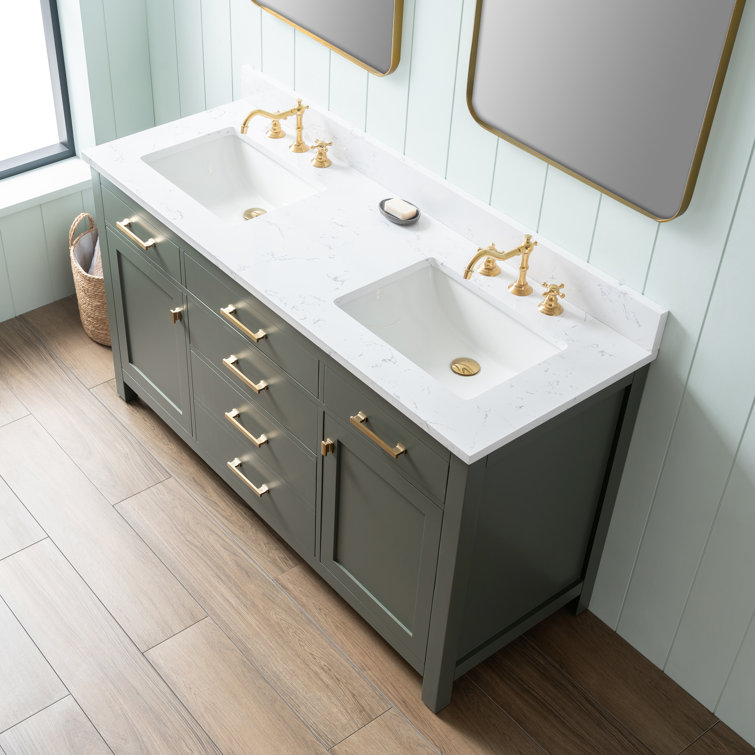 Vintage Green Solid Wood Double Vanity with Carrara White Top