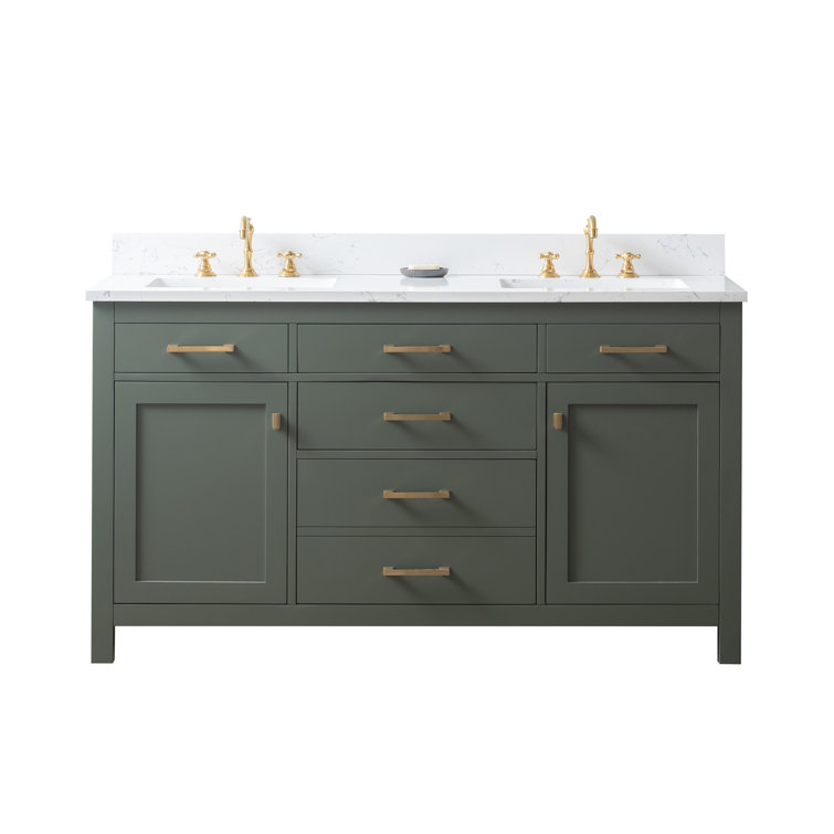 Vintage Green Solid Wood Double Vanity with Carrara White Top