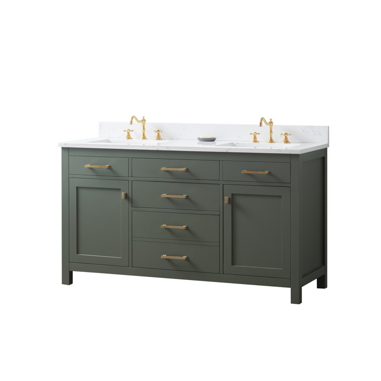 Vintage Green Solid Wood Double Vanity with Carrara White Top