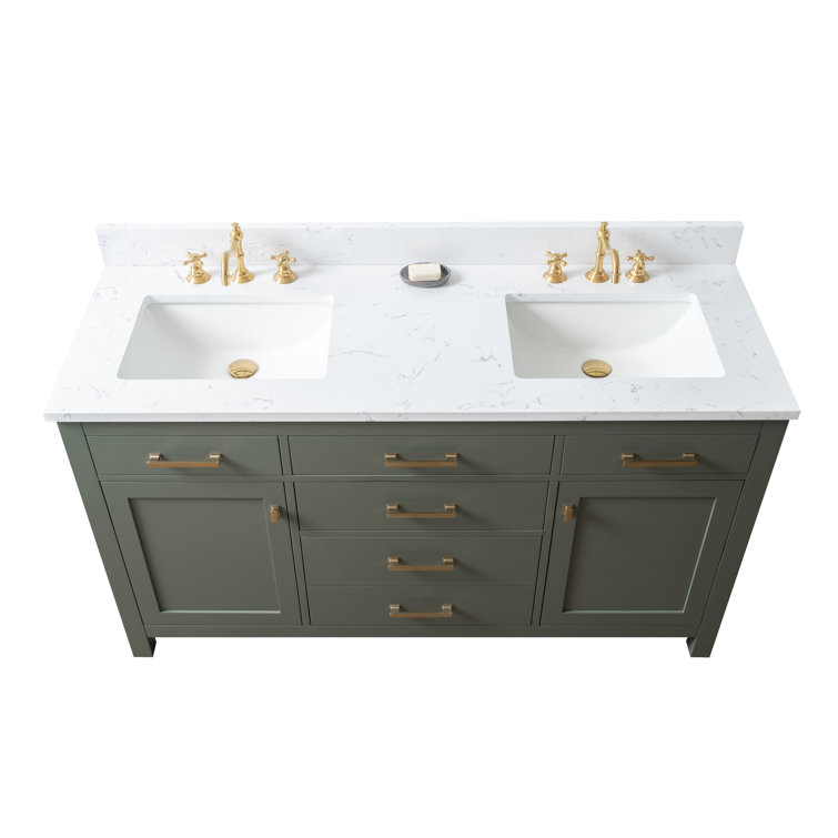 Vintage Green Solid Wood Double Vanity with Carrara White Top