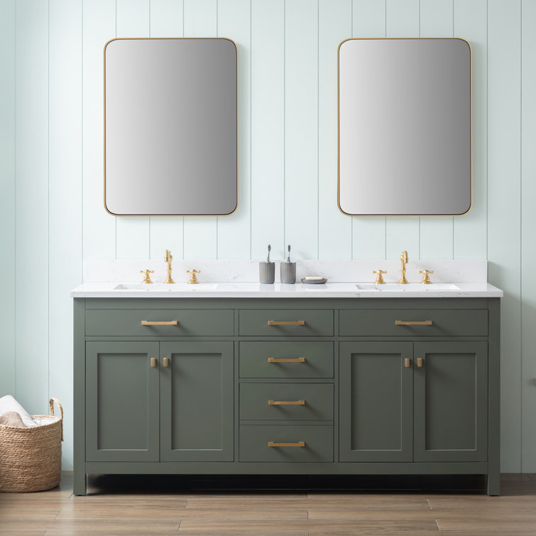 Vintage Green Double Vanity with Carrara White Top and Brushed Bronze Hardware