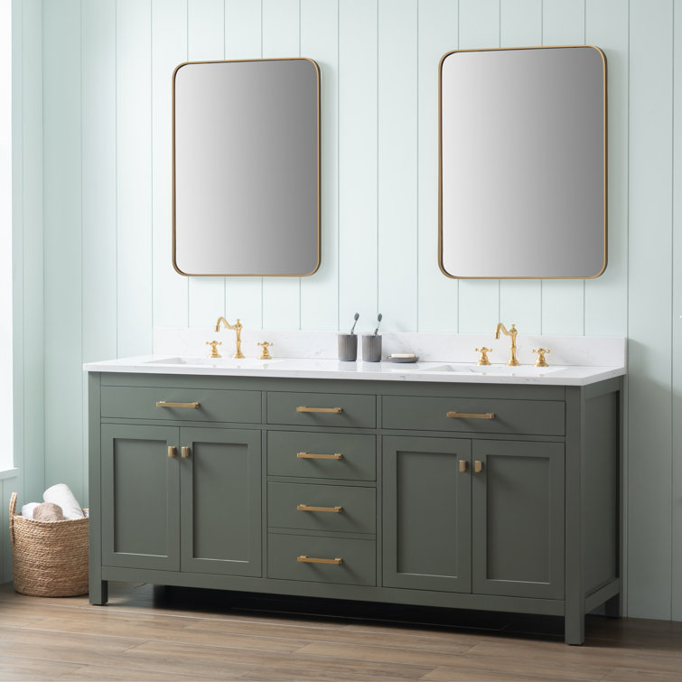Vintage Green Double Vanity with Carrara White Top and Brushed Bronze Hardware