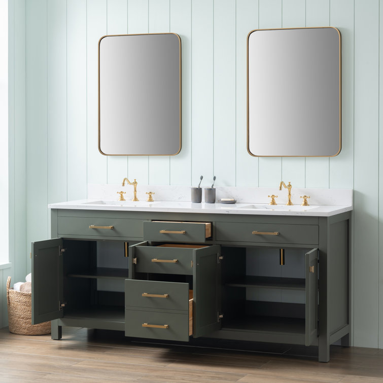 Vintage Green Double Vanity with Carrara White Top and Brushed Bronze Hardware