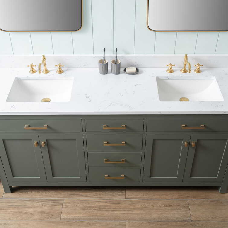 Vintage Green Double Vanity with Carrara White Top and Brushed Bronze Hardware