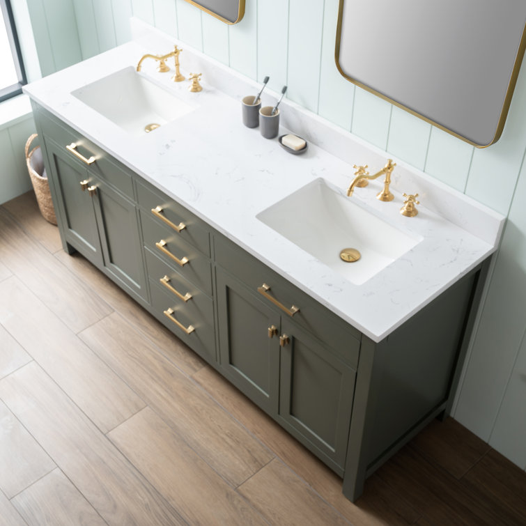 Vintage Green Double Vanity with Carrara White Top and Brushed Bronze Hardware