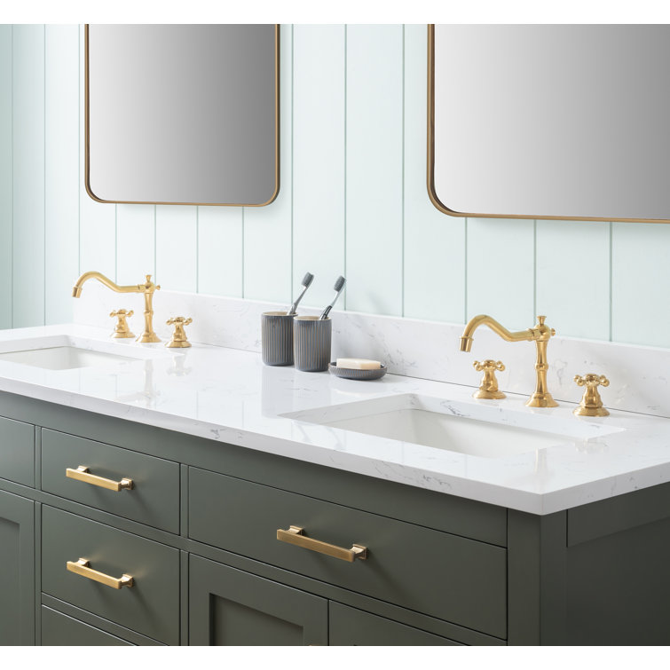 Vintage Green Double Vanity with Carrara White Top and Brushed Bronze Hardware