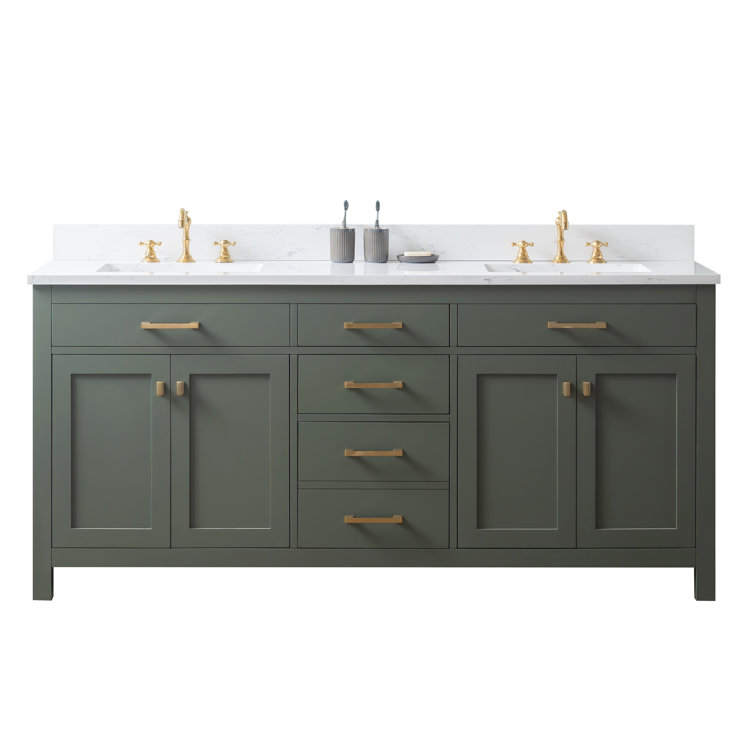 Vintage Green Double Vanity with Carrara White Top and Brushed Bronze Hardware