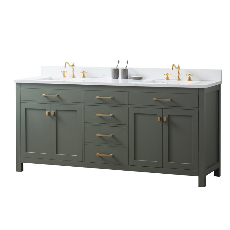 Vintage Green Double Vanity with Carrara White Top and Brushed Bronze Hardware