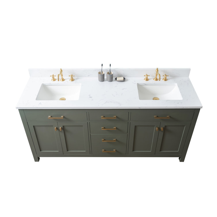 Vintage Green Double Vanity with Carrara White Top and Brushed Bronze Hardware