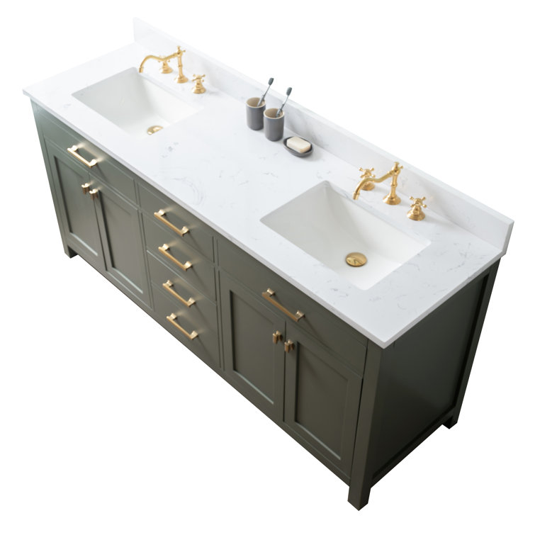 Vintage Green Double Vanity with Carrara White Top and Brushed Bronze Hardware