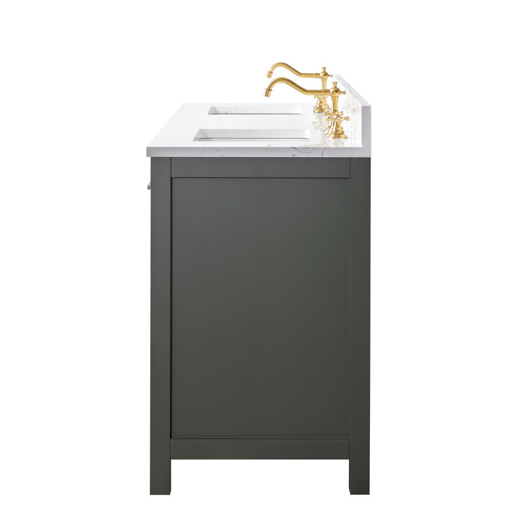 Vintage Green Double Vanity with Carrara White Top and Brushed Bronze Hardware